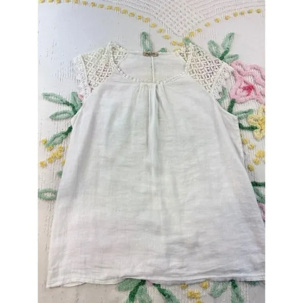 Alessia Pacini White 100% Linen Lace Sleeve Blouse Made in Italy Size M‎ - Image 3