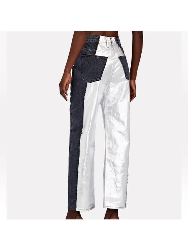 NWT FRAME Pieced Metallic Silver Black Straight Leg Jeans Size 26 Retail $448 - Image 4