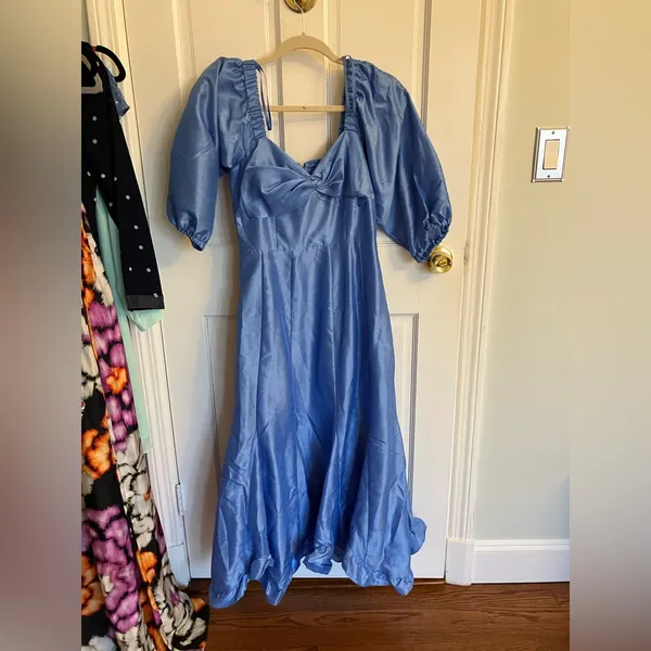 NWT Anthropologie HUTCH Twist Front Puff Sleeve Ruffle Hem Dress Sky Blue - Image 4