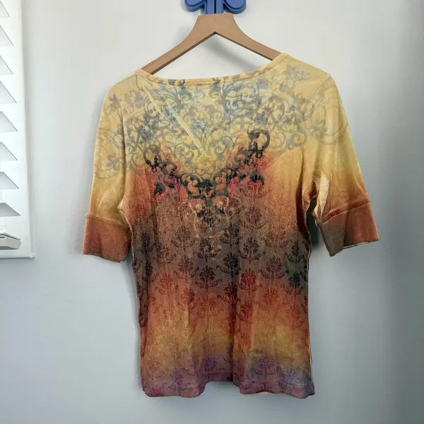 Apt. 9 Y2K XL Paisley Henley‎ Short Sleeve Tee Rib Yellow Red Orange Fire Floral - Image 4