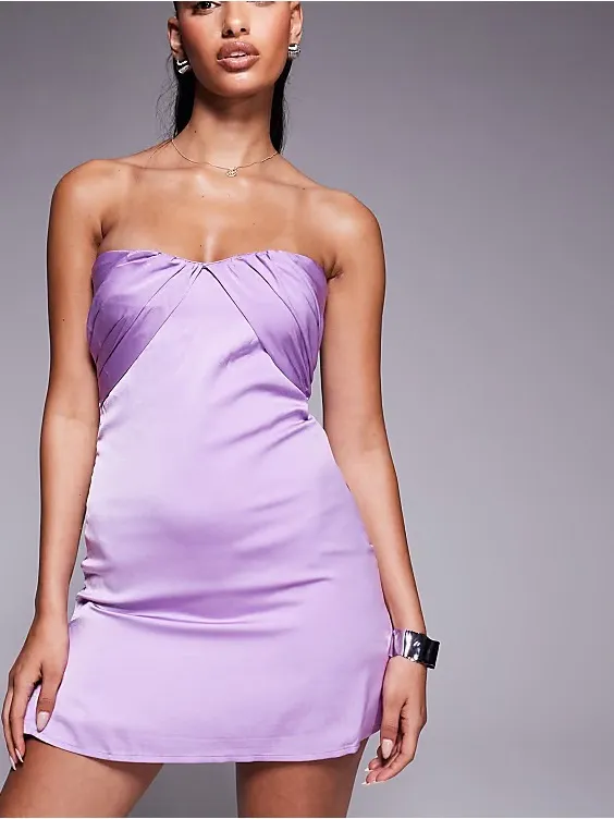 PRINCESS POLLY Trena satin bandeau ruched bust detail mini dress in lilac Sz. 0 - Image 3