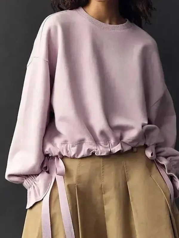 Anthropologie Maeve NWT Purple Big Top Cinch Tie Sides Ruffle Sleeve Sweatshirt - Image 2