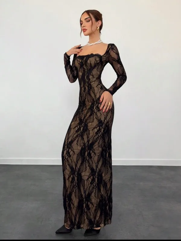 SHEIN Black Lace Maxi Dress with Long Sleeves - Image 6