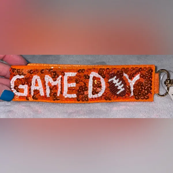 Vigla NWT Orange/White Game Day Football Seed Bead Sequin Keychain Wristlet - Image 4