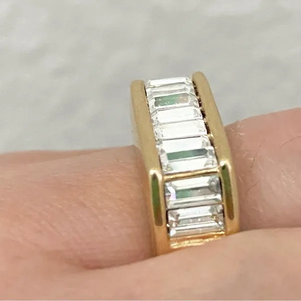 Vintage 18KGE Gold Electroplated Pave Baguette Clear Stones Flat Top Unisex Ring - Image 7