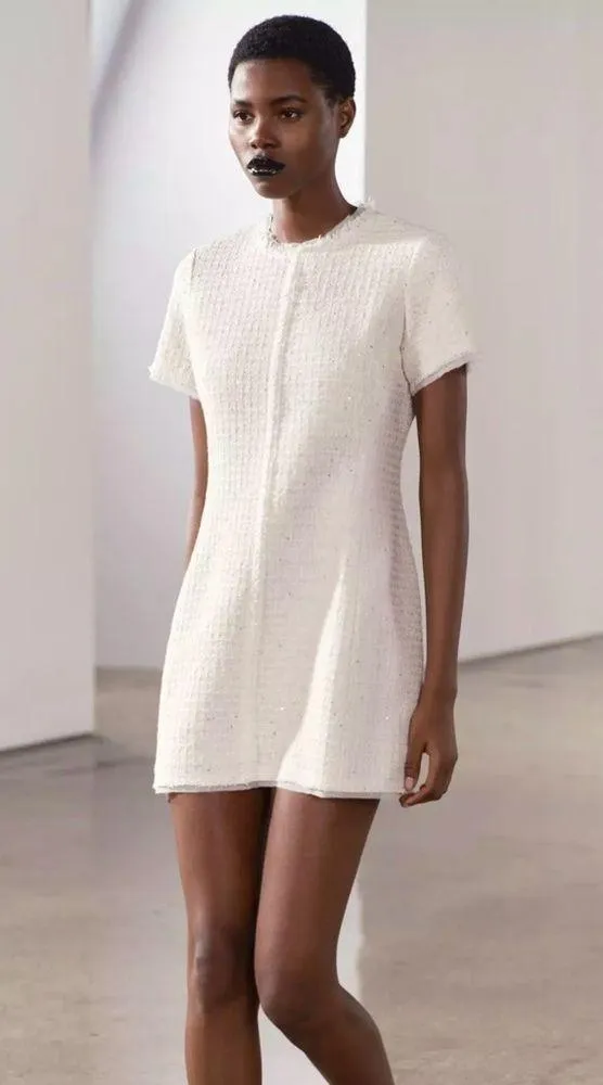 NWT❗️ZARA Elegant White Tweed Short Cutted Dress ZW Collection Mini Ivory Size M - Image 12