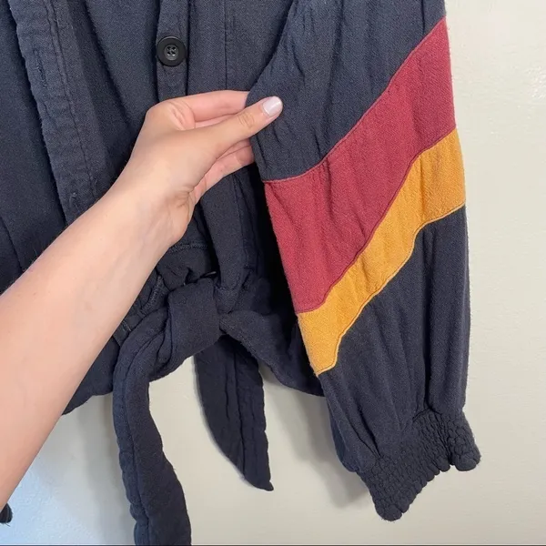 Vintage‎ Havana Sweater Jacket Dark Navy Blue Striped Sleeves Draped Tie Soft - Image 7