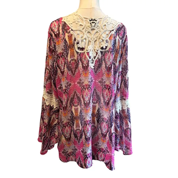 COMO Vintage Top Blouse Tunic SZ L Multicolor Sheer Crochet Bell Sleeves Boho - Image 7