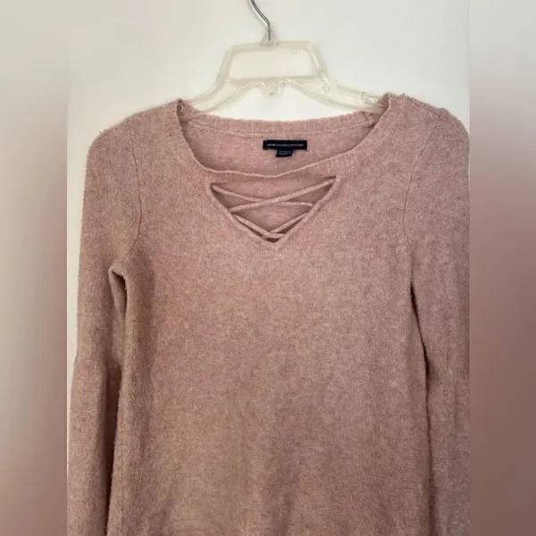 American Eagle Criss Cross Lace Up V Neck Sweater Pink Size M - Image 2