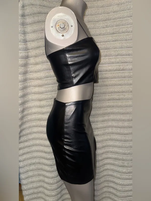 Forever 21 Black Faux Leather 2 Piece Set Corset Top + Mini Skirt S - Image 3