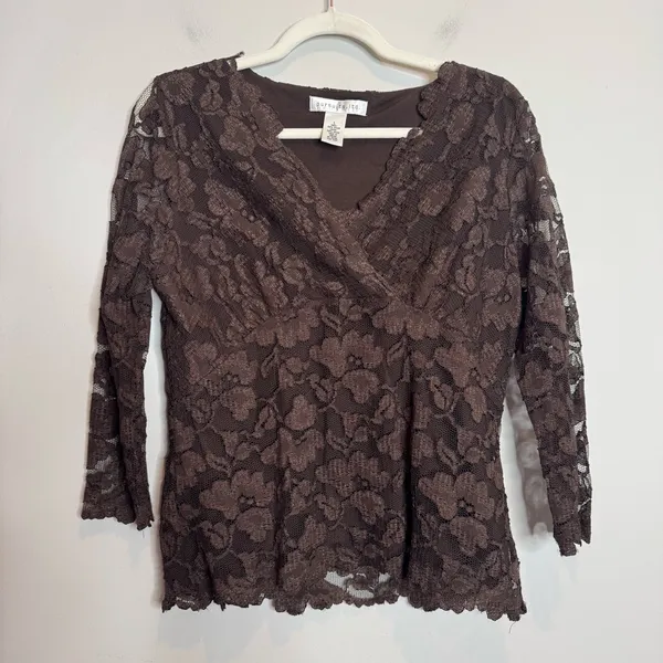 Vintage Y2K Chocolate Brown Lace Babydoll Blouse Large Romantic Whimsigoth Fairy - Image 2