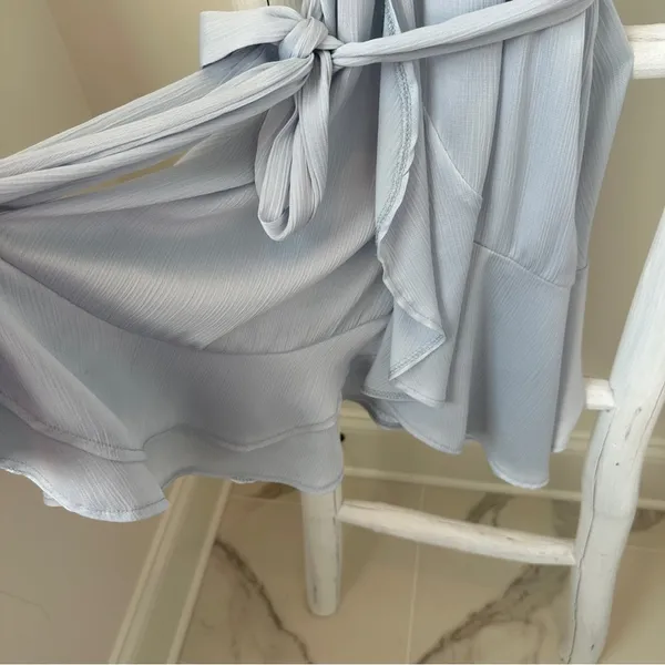 Rumor Light Blue Belted Flared Ruffle Bottom Mini Dress SZ Small - Image 7
