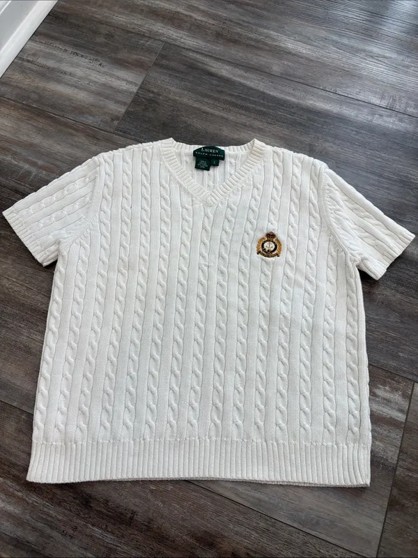 Lauren Ralph Lauren White Cable-Knit Short Sleeve V Neck Sweater Large - Image 2