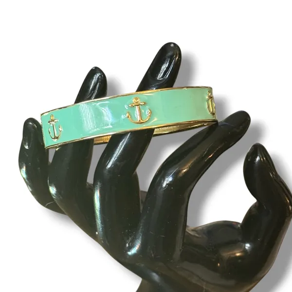 Gold tone turquoise enamel anchor hinged bangle bracelet - Image 3