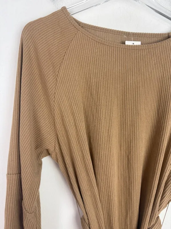NWT Cupshe Belted Bishop Sleeve Rib Knit Mini Dress Brown Tan Size Medium M NEW - Image 3