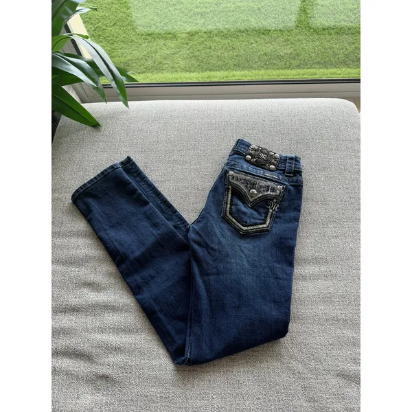 Miss Me Easy Skinny Jeans Womens 26 Dark Wash Embellished Sequin Flap Pocket Mid - Image 4
