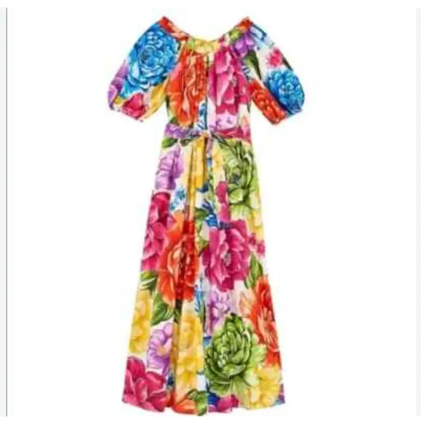 Farm Rio Rainbow Chita Off Should Puff Sleeve Colorful Maxi Dress Size M - Image 4