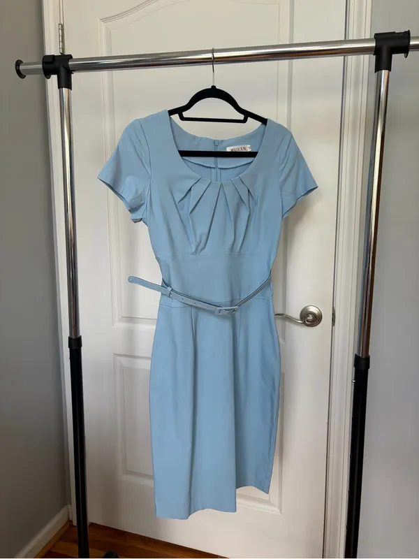 Amazon Light Blue Pleated Scoop Neck Midi Dress - Image 4