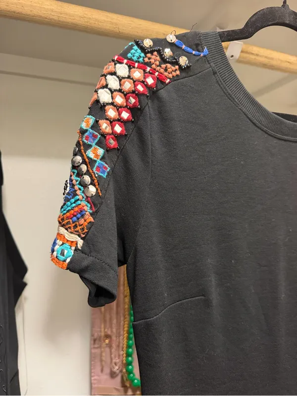 Zara Black Short Sleeve Dress with Multicolor Bead Embellished Shoulders - Image 2