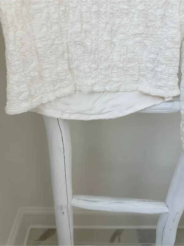 Free People Jasmine Tea Time Cream Textured Puff-Sleeve Knit Top Keyhole Back - Image 6