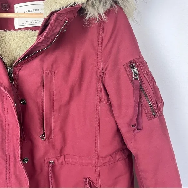Zara‎ Red Full Zip Cinched Waist Fur Trim Hood Parka Jacket S - Image 3