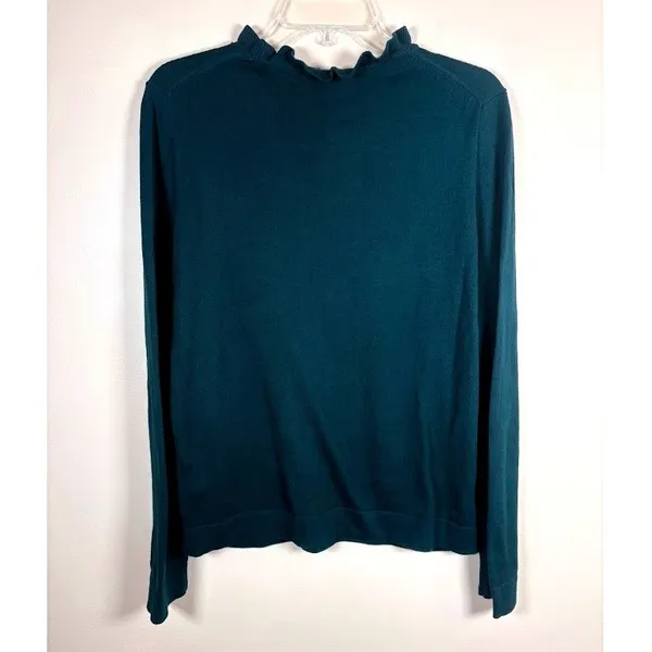 J Crew Green Ribbed Ruffle Neck Long Sleeve‎ Cotton Sweater Women's Medium - Image 5