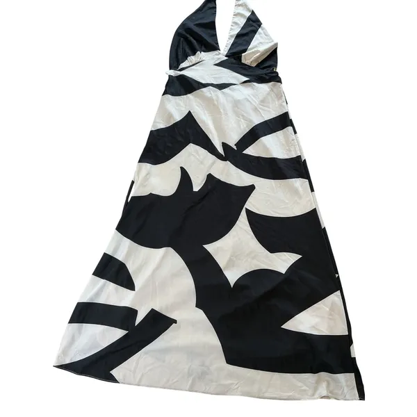 Bardot Black White Abstract Halter Maxi Dress Plunging V-Neck Open Back‎ Size 12 - Image 11