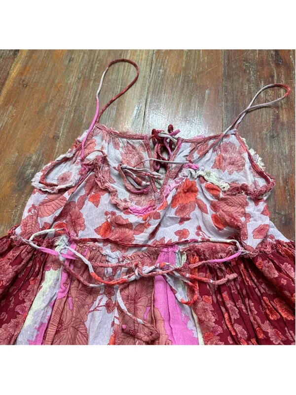 Free People Intimately Floral Patchwork Strappy Mini Dress XS Pink Red Flowy - Image 11