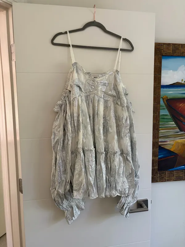 Rocco Sand Silver Ruffle Off Shoulder Mini Dress White Size L - Image 5