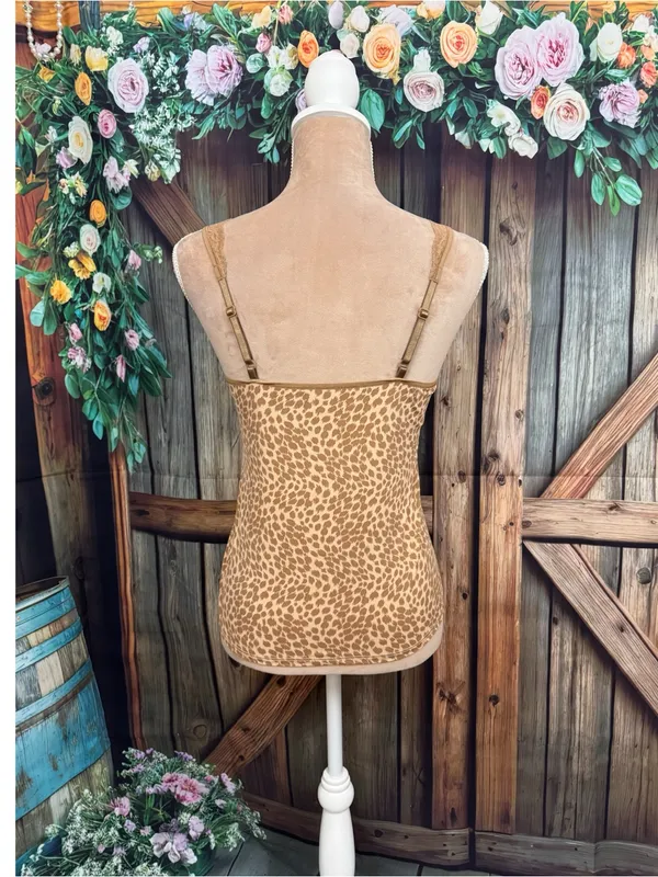 Vanity Fair Y2K Leopard Print Lace Trim Stretch Cami Tank Top Size Small 36 Tan - Image 4