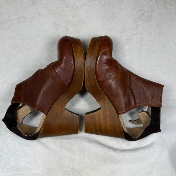 Free People Brown Leather Wooden Platform Clog Booties‎ Made in Spain 40 1012 - Image 10