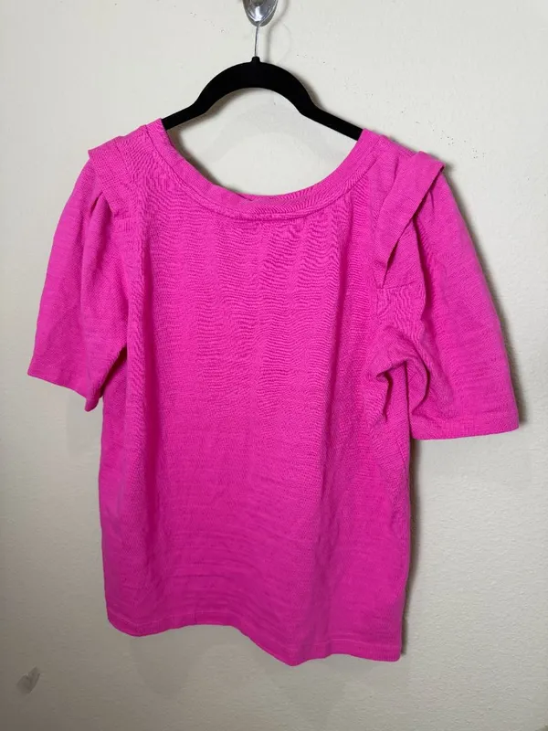 LOFT Hot Pink Cotton Detailed Short Sleeve Shoulder Detail Size Small - Image 4