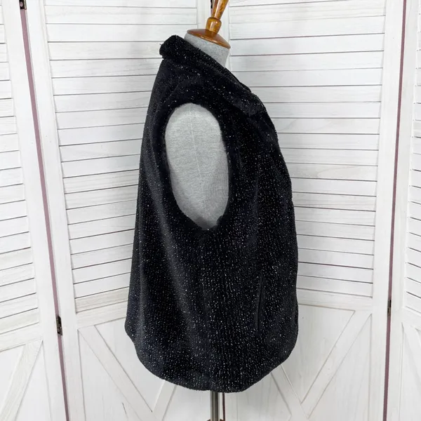 Betsey Johnson Faux‎ Fur Vest Black Metallic Silver Shimmer Large - Image 3