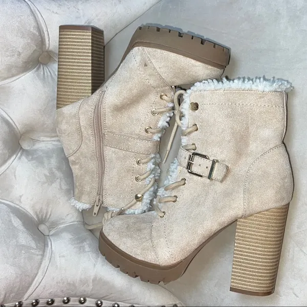 Express Beige Heeled Boots with Faux‎ Fur - Image 8