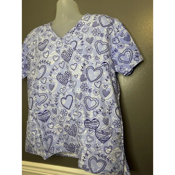 I Love Scrubs Shirt Womens Large Blue Heart V Neck Scrub Tunic Top Medical - Image 3
