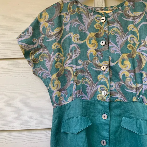 Vintage 80s Dress Linen Dress Green Pencil Skirt Floral‎ Short Sleeves Button-Up - Image 6