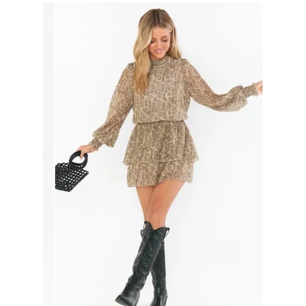 SHOW ME YOUR MUMU Russo Python Gold Shimmer Tiered Ruffle Mini Dress Sz S - Image 2