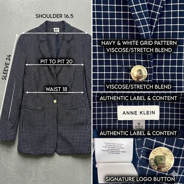 Anne Klein Blazer Jacket Women's Medium Navy Blue White Stretch 90s Office Siren - Image 2