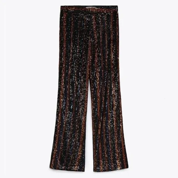 Zara | Sparkle Sequins Flare Wide Leg Pants Striped‎ Black Red - 3440/251/800 - Image 4