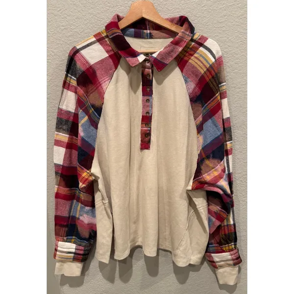 FREE PEOPLE Isabelle Plaid Trim Thermal Henley In Mink Combo Size Large - Image 11