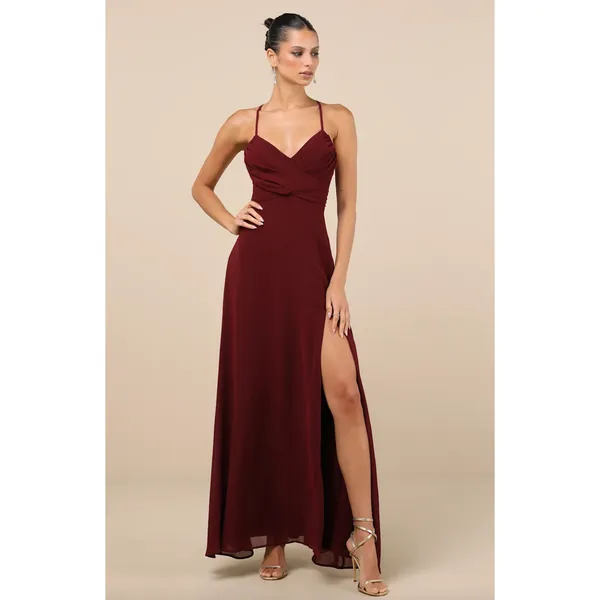 Lulus Event Ready Burgundy Backless Lace-Up Maxi Dress Chiffon Formal Medium NWT - Image 3