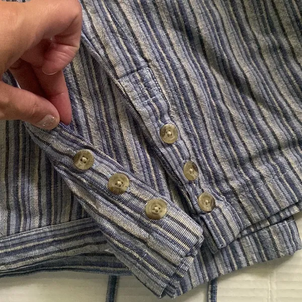 Y2K vintage Columbia women’s striped blue linen button crop pants, size small - Image 9