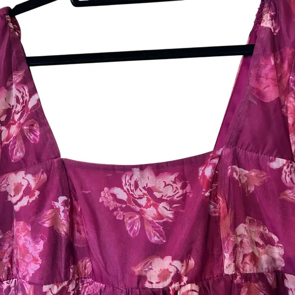 Wild Fable Short Dress SZ XL Burgundy Sheer Floral Smocking Short Puffy Sleeves - Image 3