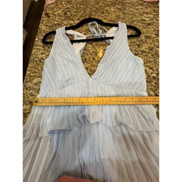 Lulus "Tiered Gown Pleated" in Ice Blue Size Large Gown Double V Neck - Image 10
