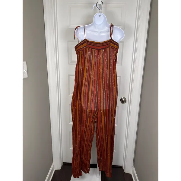 Free People Harem Lurex Jumpsuit Metallic Rust Stripe M Boho Coachella‎ Festival - Image 6