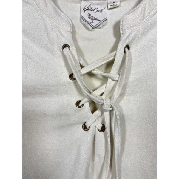 White Crow Womens‎ Shirt Sz M Ivory Faux Suede Lace Up Boho Soft Casual - Image 5