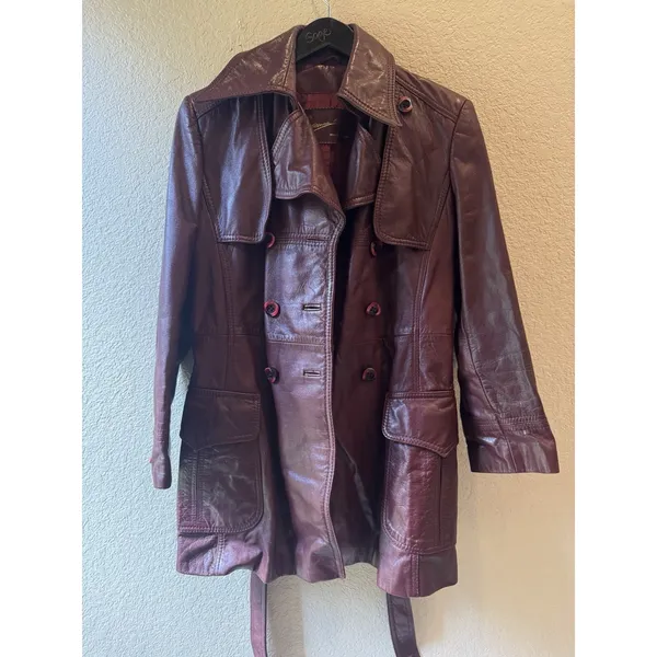 Vtg‎ Etienne Aigner Leather retro Jacket Sz 14 Burgundy Belted Button Front - Image 3
