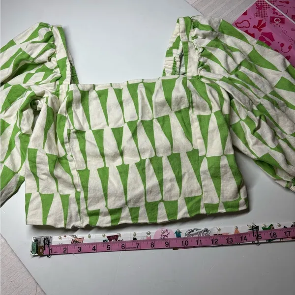 Anthropologie Maison d’Amé Paris Green White Geometric Puff Sleeve Crop Top L - Image 3