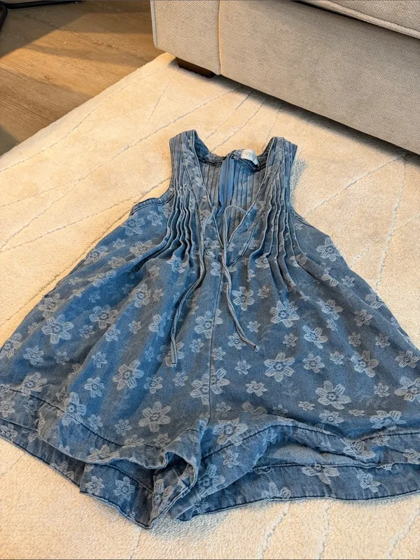 Denim Romper With Pockets Blue - Image 2