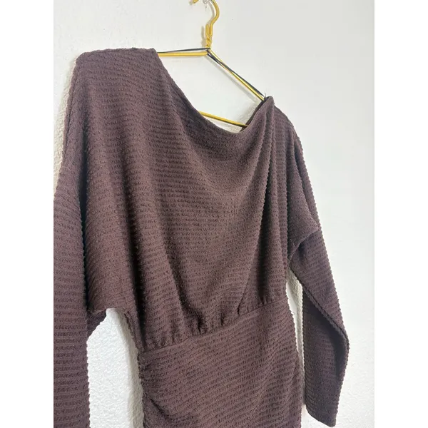 Showpo Alyce Mini Dress Size 4 Brown Ruched Off Shoulder Textured Knit - Image 8